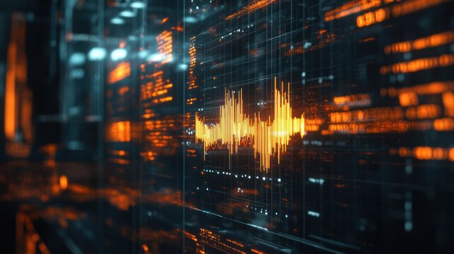 Futuristic digital interface showing sound waves, data streams, and complex information in a modern environment