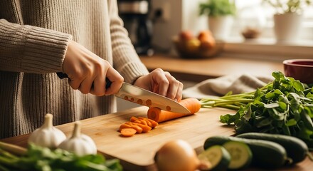 Home Cooking Scene with Woman Slicing Carrot on Wooden Cutting Board Surrounded by Fresh Vegetables