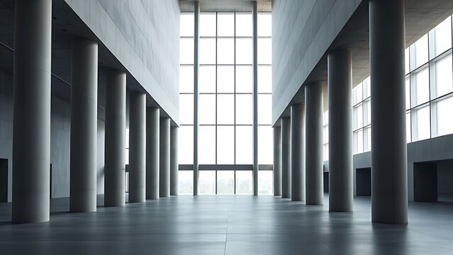 Vast architectural space with smooth concrete columns and diffused natural light, symmetrical and minimalist.