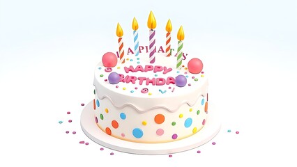 Colorful festive birthday cake in 3D isometric style, decorated for joyful celebrations.