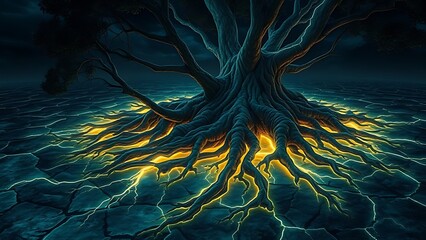 Ancient tree roots glowing beneath a cracked island surface, resembling buried lightning.