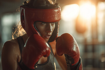 Focused female boxer in red gloves and headgear training intensely in a sunlit gym