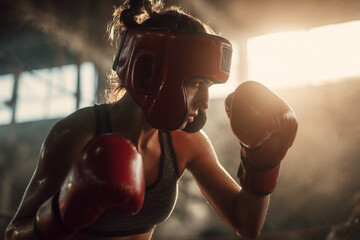 Focused female boxer wearing red headgear and gloves training intensely in a sunlit boxing gym