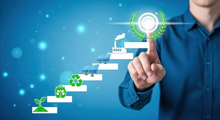 Sustainability Steps: Man Tapping to Reach Green Goals, Energy Transition, Ecology, and Innovation