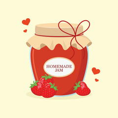 A vintage style jar of homemade strawberry jam with a fabric covered lid and tied into a bow with string, with a few strawberries lying next to it. Sweet dessert food vector illustration.