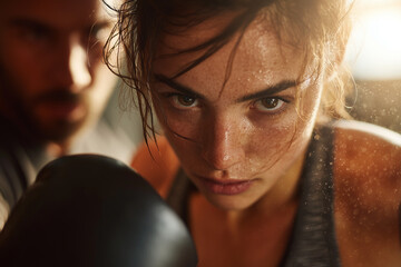 Focused young female boxer sweating intensely during training session with coach in gym lighting