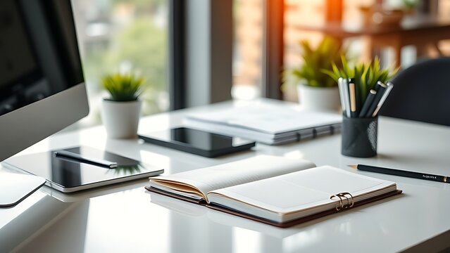 Modern workspace with an organized desk, open planner, and natural light creating a professional yet inviting atmosphere.