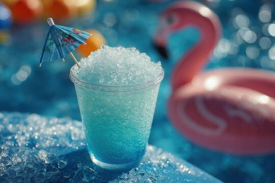 Refreshing blue slush drink with umbrella and flamingo float, perfect for summer vibes, offering a cool escape on a sunny, hot day for ultimate relaxation.