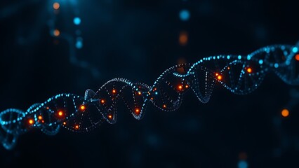 Dark DNA strands glowing under artificial light, revealing intricate hidden patterns.