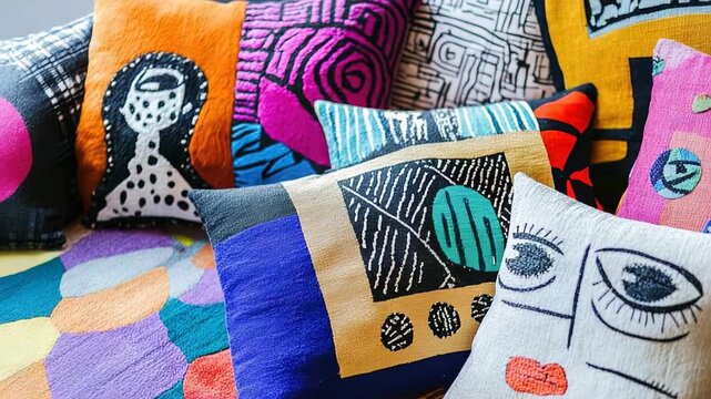 Colorful artistic pillows with abstract doodles and designs.