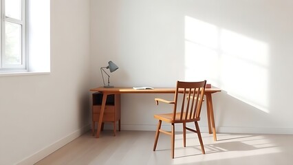 A clean and simple office corner featuring a wooden desk and chair under soft natural light.