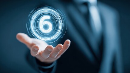 Number Six Glowing Hologram on Hand, Concept of Countdown, Performance, Ranking, or Technology