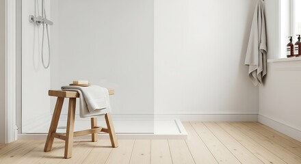 Modern bathroom with wooden stool and shower