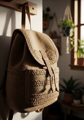 Handmade knitted backpack with intricate woven pattern