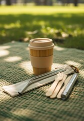 Reusable bamboo coffee cup with metal straw and cutlery set