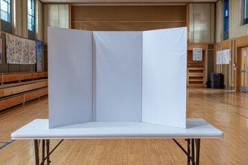 Presentation board stands on table inside gymnasium, with people in background