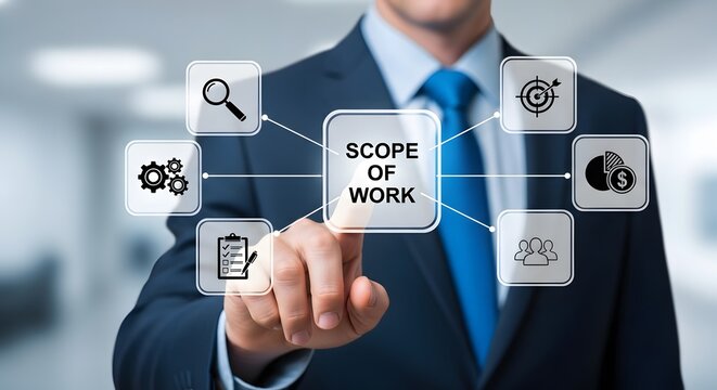 Professional businessman points to 'Scope of Work' interface with icons for planning, teams, and financial goals, illustrating project management success.