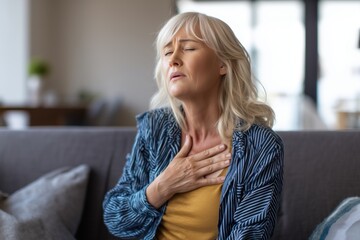 Fototapeta premium Mature woman suffering from shortness of breath and chest pain at home