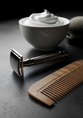 Vintage safety razor with shaving cream and comb for grooming