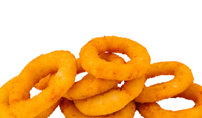Delicious golden onion rings stacked on a white background