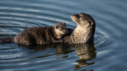 Fototapeta premium A Mother Sea Otter Holding Baby on Stomach while Swimming on the River Water. A portrait of a mother care to its baby.