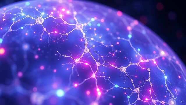 Microscopic neural networks forming glowing memory patterns within a translucent cell membrane.