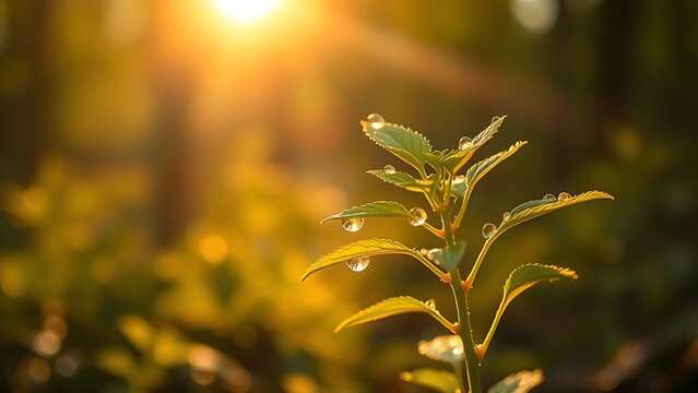 A young plant glows under morning sunlight, with dewdrops enhancing its delicate leaves against a soft forest backdrop.
