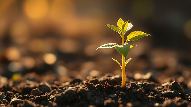 Young sapling emerging from rich soil, sunlight filtering through leaves in a detailed macro view.