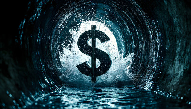 A dollar sign is seen in a dark, wet tunnel with water splashing, symbolizing money going down the drain