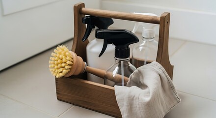 Wooden cleaning supplies kit with brush, bottles, and cloth