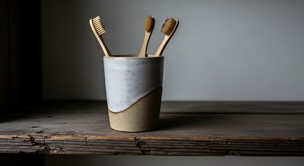 Three bamboo toothbrushes in a ceramic holder on a shelf