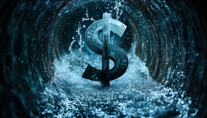 A dollar sign is seen in a dark, wet tunnel with water splashing, symbolizing money going down the drain