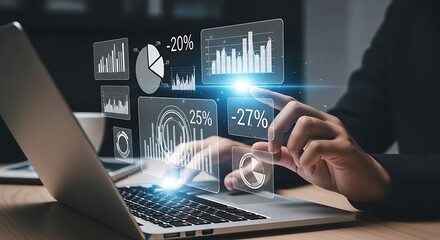 Person interacting with a futuristic data analytics interface on a laptop