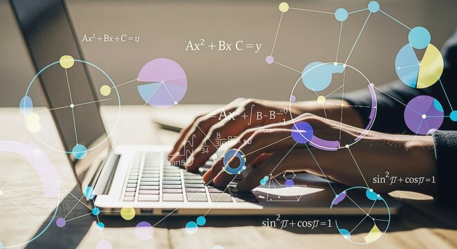 Data Analysis and Mathematical Equations: A Person Typing on Laptop Integrating Complex Data Visualizations