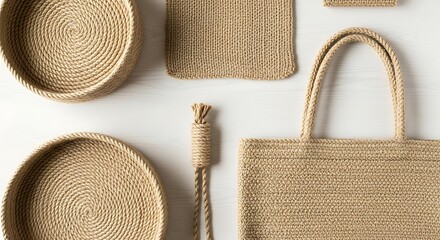 Woven jute products including a bag, baskets, and trays