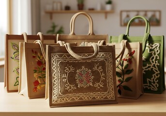 Collection of decorative jute shopping bags with handles