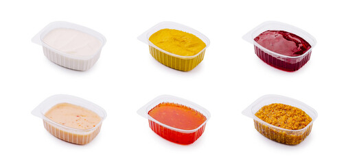 Assortment of colorful dipping sauces arranged in separate containers