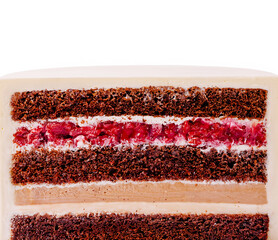 Delicious layered chocolate cake with cherry filling and cream frosting