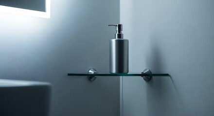 Modern silver soap dispenser on glass shelf in bathroom