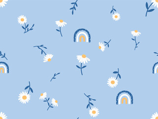 Seamless pattern with daisy flower and rainbow on blue background vector.