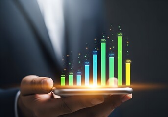 Glowing bar graph on smartphone screen showing 100 percent growth chart data