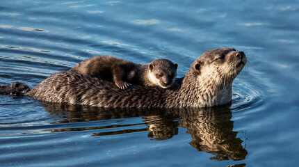 Fototapeta premium A Mother Sea Otter Holding Baby on Stomach while Swimming on the River Water. A portrait of a mother care to its baby.