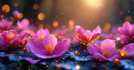 Vibrant pink blossoms bloom, covered in dew. Soft light creates magical, dreamy atmosphere. Beautiful floral scene.