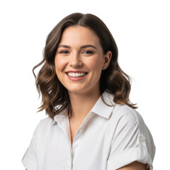 Smiling young woman in white shirt isolated on transparent background