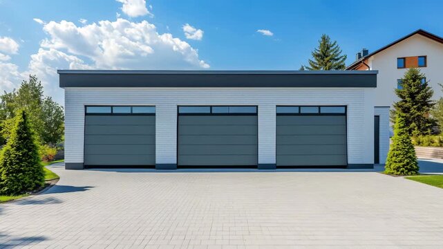 A modern garage featuring three doors is showcased alongside a well maintained lawn and trees under a bright blue sky