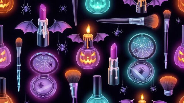 Colorful Halloween-themed illustration featuring makeup items like lipsticks, brushes, and spooky decorations, creating a festive atmosphere for seasonal celebrations and creative projects