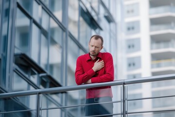 Man in red shirt having a heart attack on a city balcony