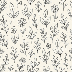Simple hand-drawn floral and leaf pattern, seamless design, minimalist botanical illustration.