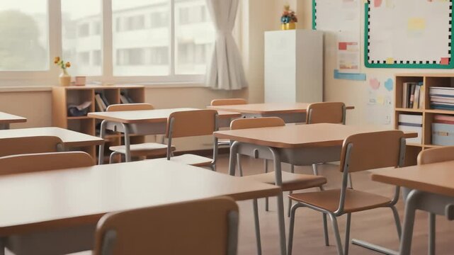 Animation empty school or university classroom with big chalkboard, Big empty classroom at modern school, Education concept, seamless 4k video background, classroom, footage, 4k footage, videos, 4k
