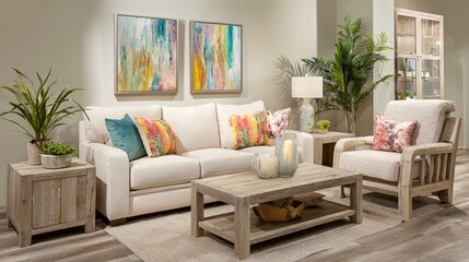 Living Room Interior with Neutral Sofa, Accent Pillows, Wooden Furniture and Colorful Abstract Wall Art